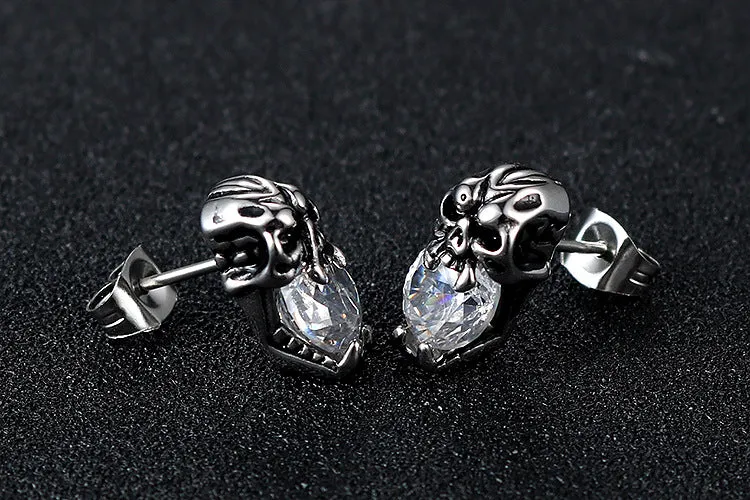 Punk-Inspired Zircon Skull Titanium Steel Stud Earrings for Men