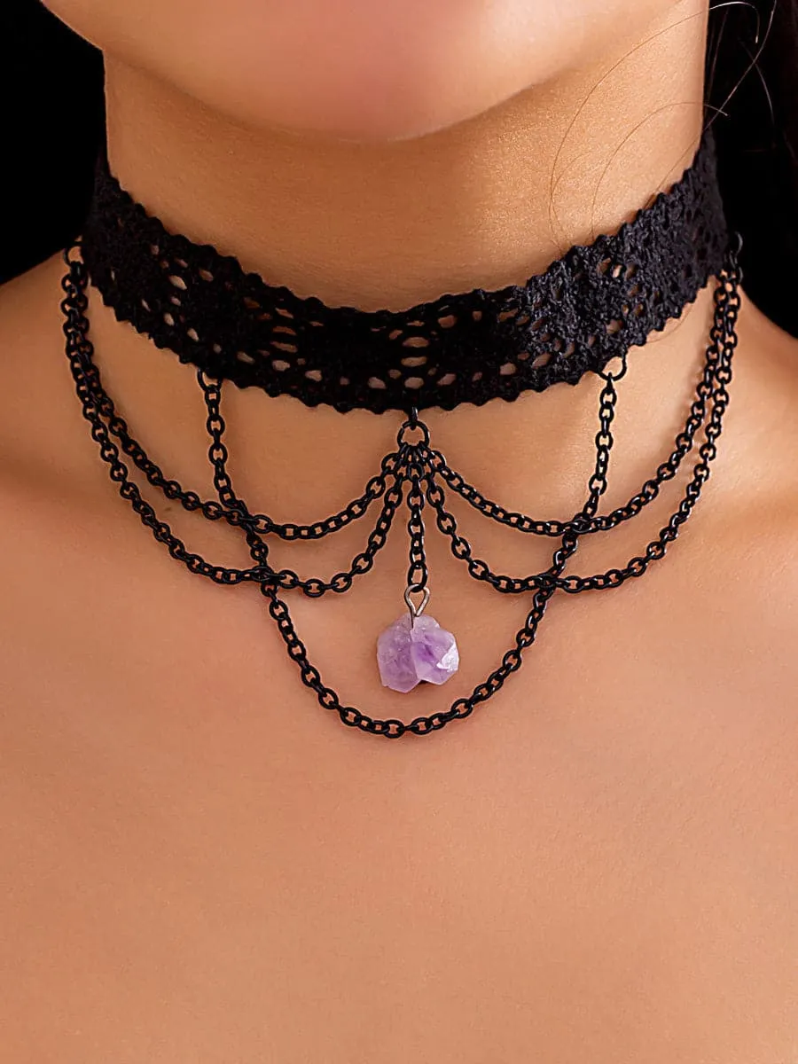 Purple Crystal Pendant Tassel Necklace MSE00163