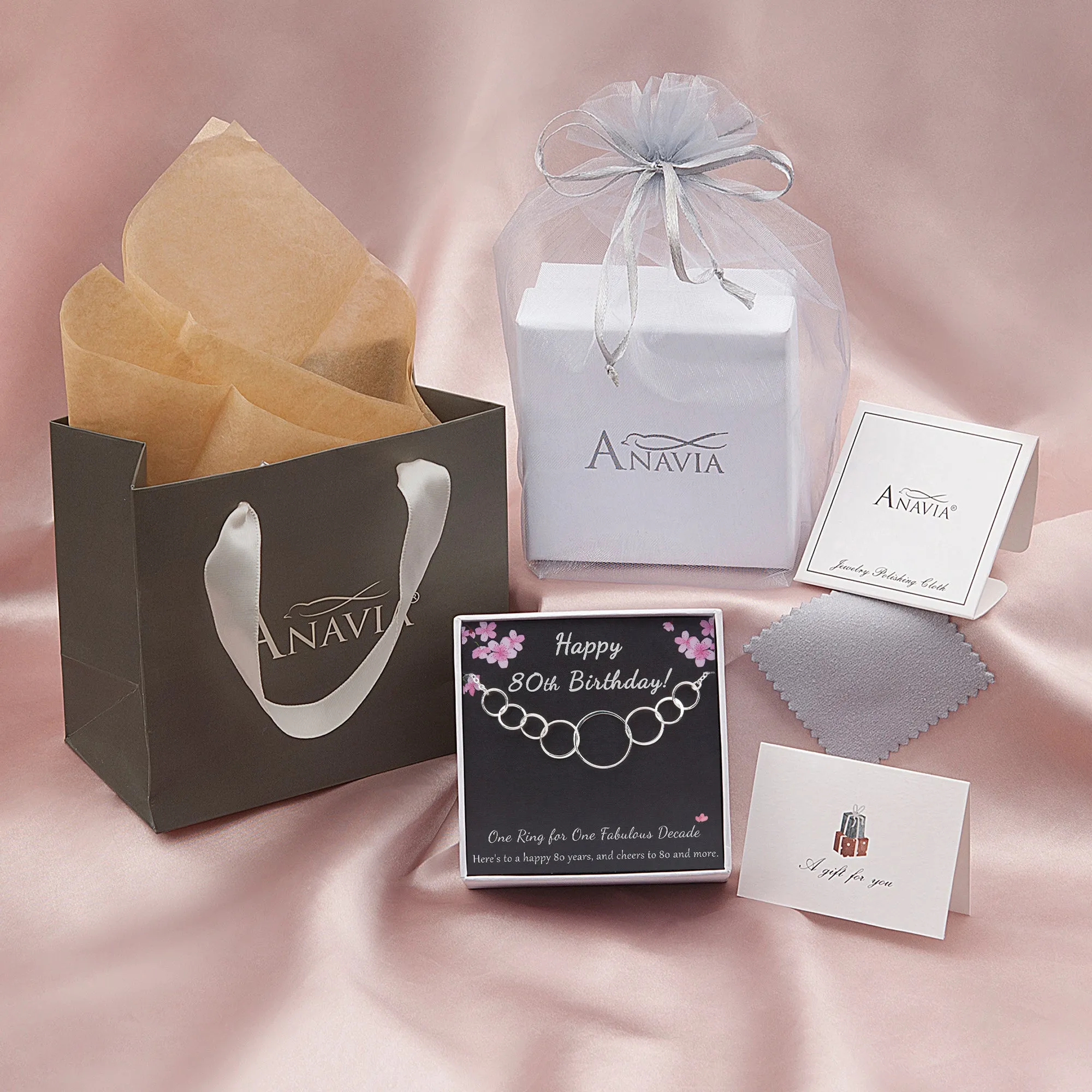 "Happy 80th Birthday" Card and Interlocking Rings Necklace