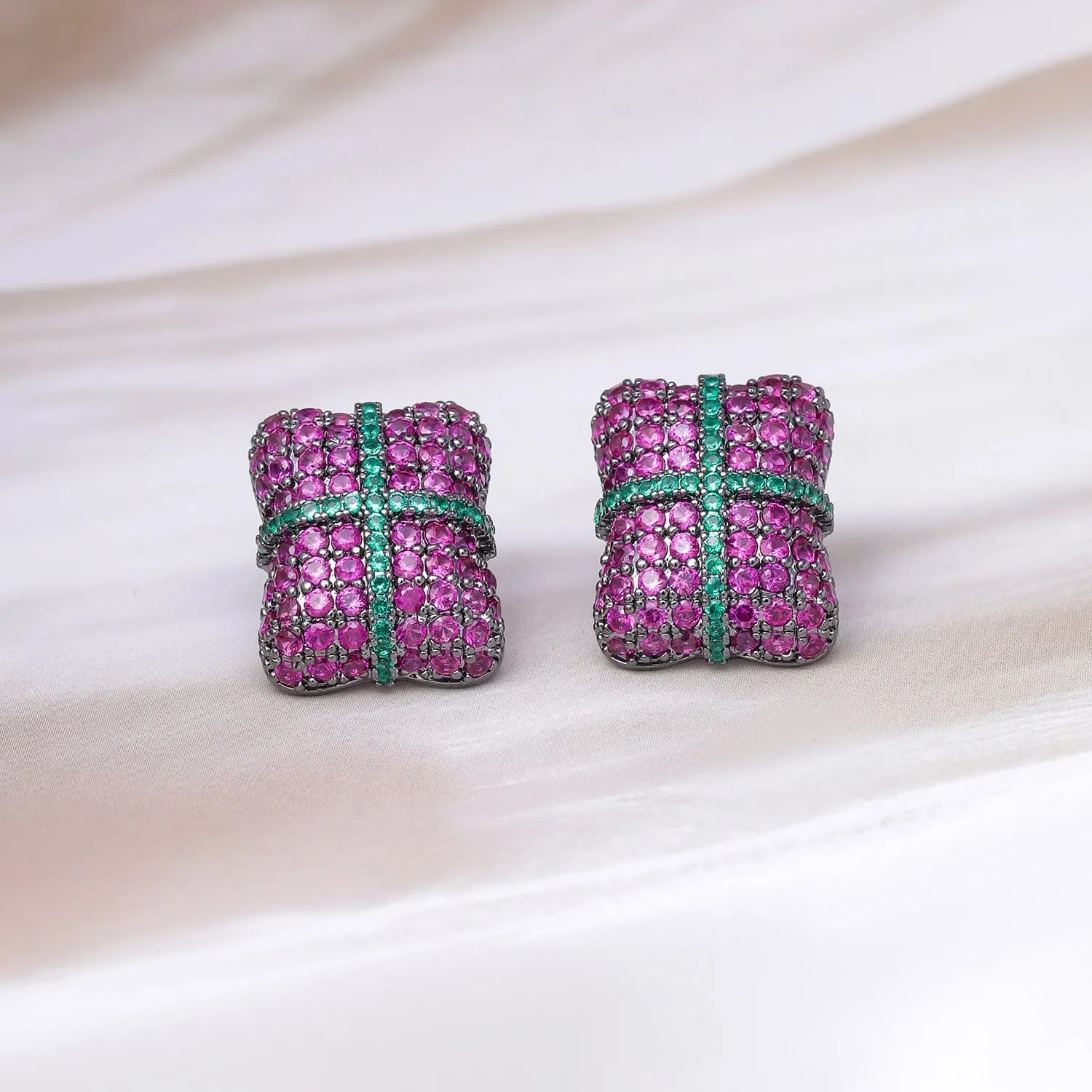 Rhodium-Plated AD & Cubic Zirconia Cushion-Cut Stud Earrings with Ruby & Emerald Accents