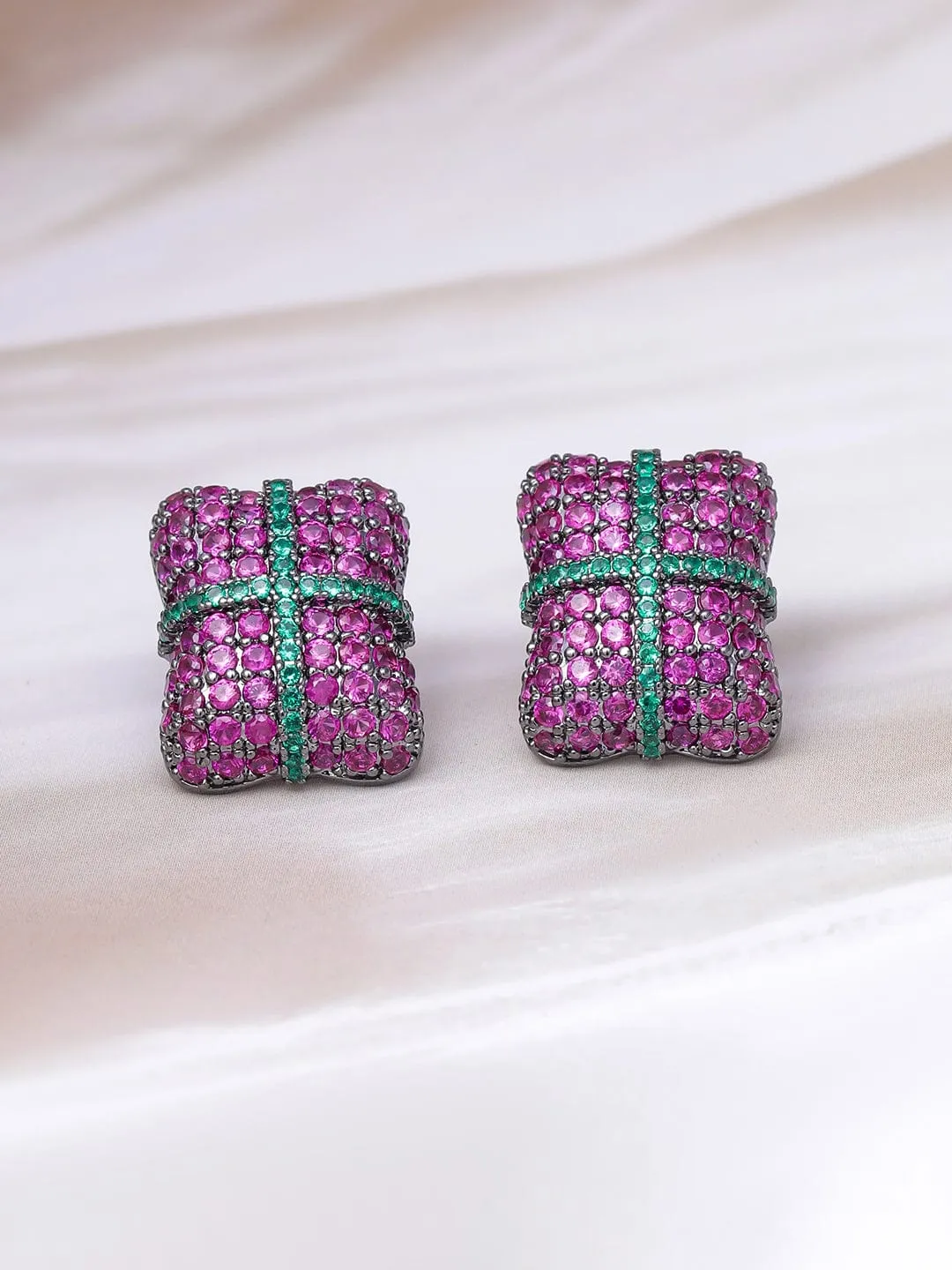 Rhodium-Plated AD & Cubic Zirconia Cushion-Cut Stud Earrings with Ruby & Emerald Accents