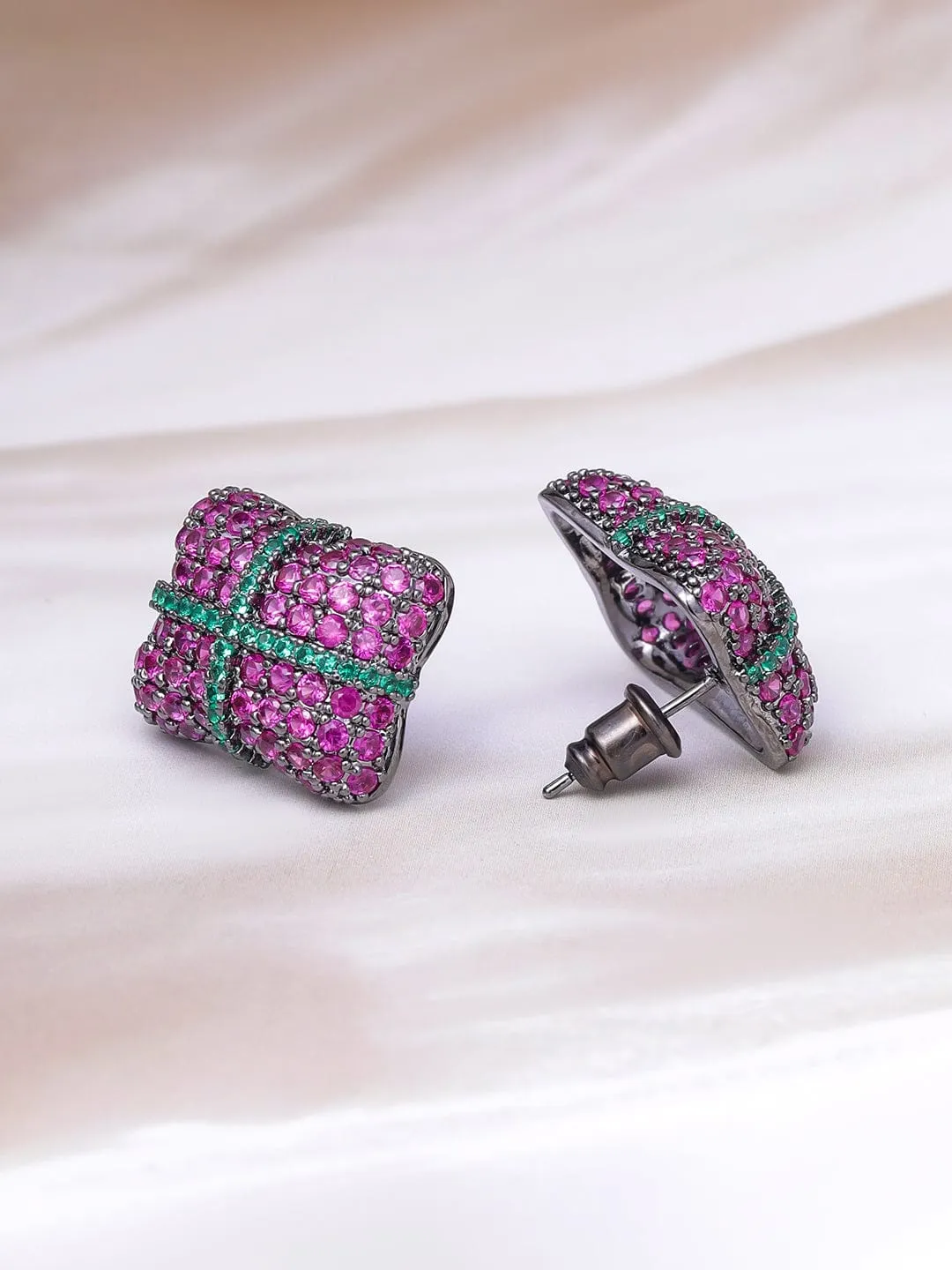 Rhodium-Plated AD & Cubic Zirconia Cushion-Cut Stud Earrings with Ruby & Emerald Accents