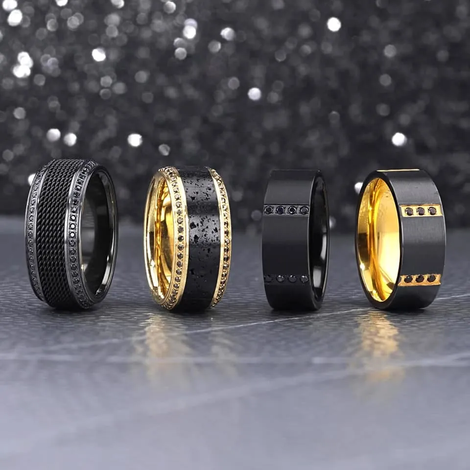 RIO Men's Multiple Black Diamonds Gold Plated Titanium Wedding Band - 8mm