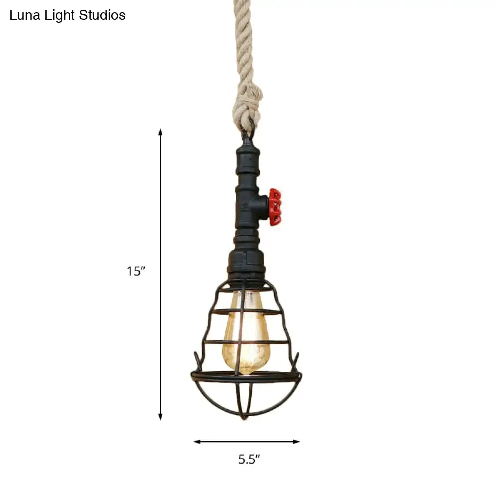 Rustic Caged Pendant Light - Black Metal Hanging Light with Pipe & Rope Cord - Ideal for Bars