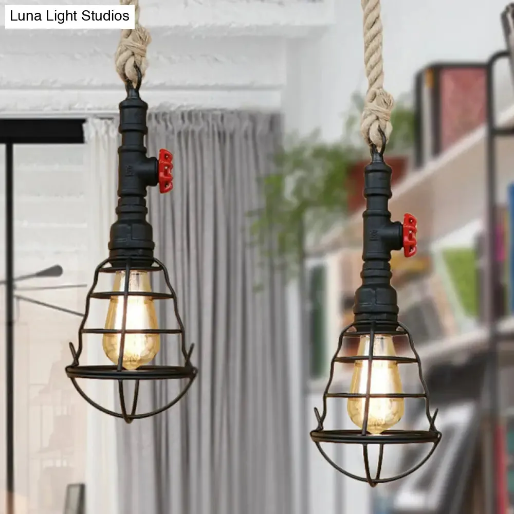 Rustic Caged Pendant Light - Black Metal Hanging Light with Pipe & Rope Cord - Ideal for Bars