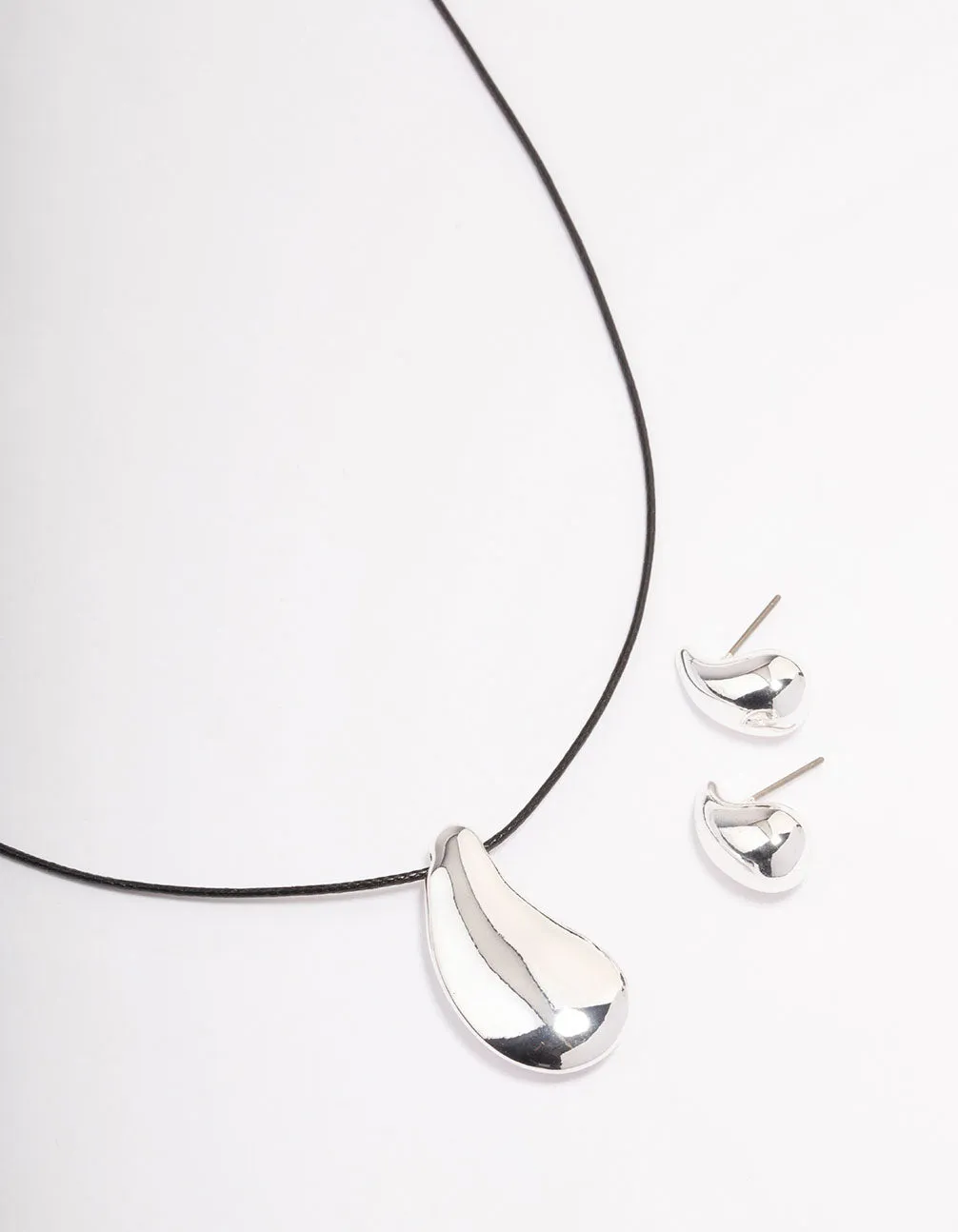 Silver Bold Teardrop Necklace & Earrings Jewellery Set