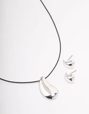 Silver Bold Teardrop Necklace & Earrings Jewellery Set