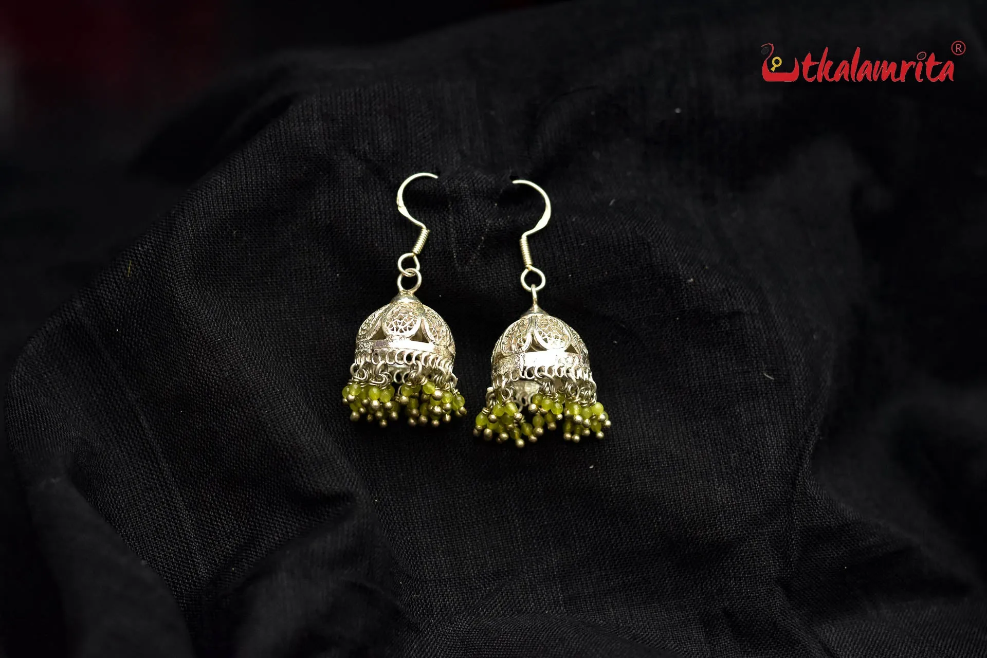 Silver Flower with Green Beads Jhumka (Danglers)