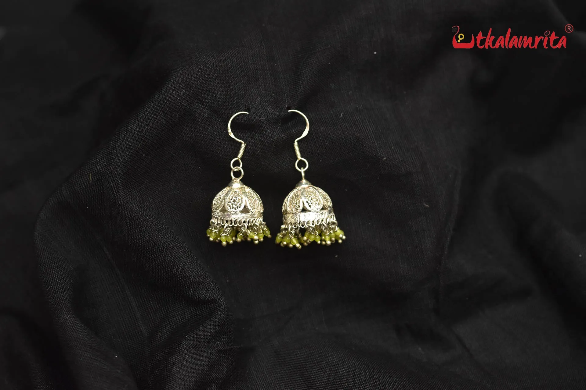 Silver Flower with Green Beads Jhumka (Danglers)