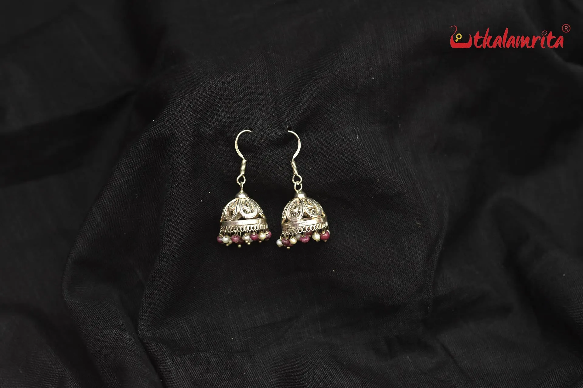 Silver Flower with Maroon and White Beads Jhumka (Danglers)