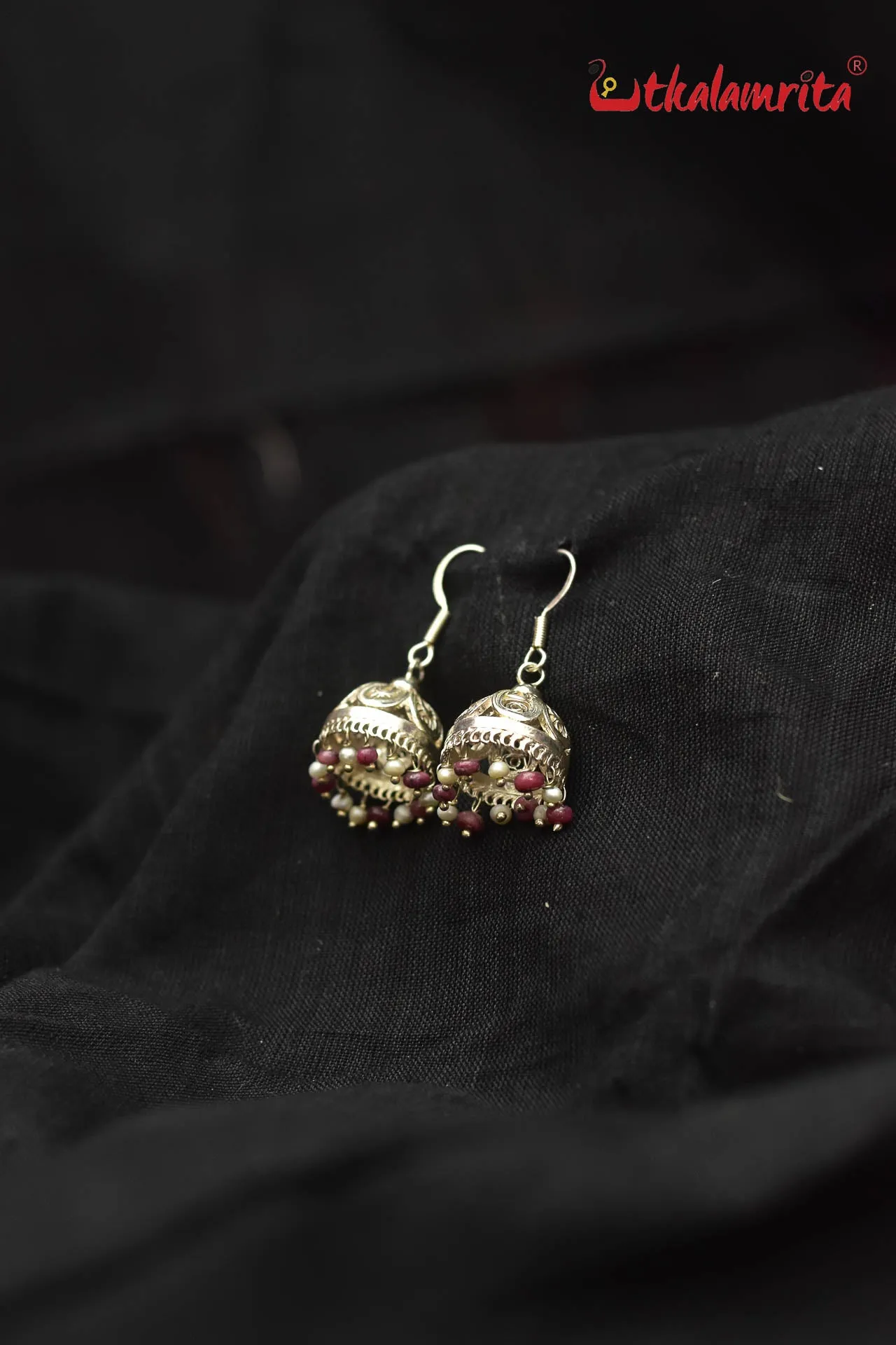 Silver Flower with Maroon and White Beads Jhumka (Danglers)