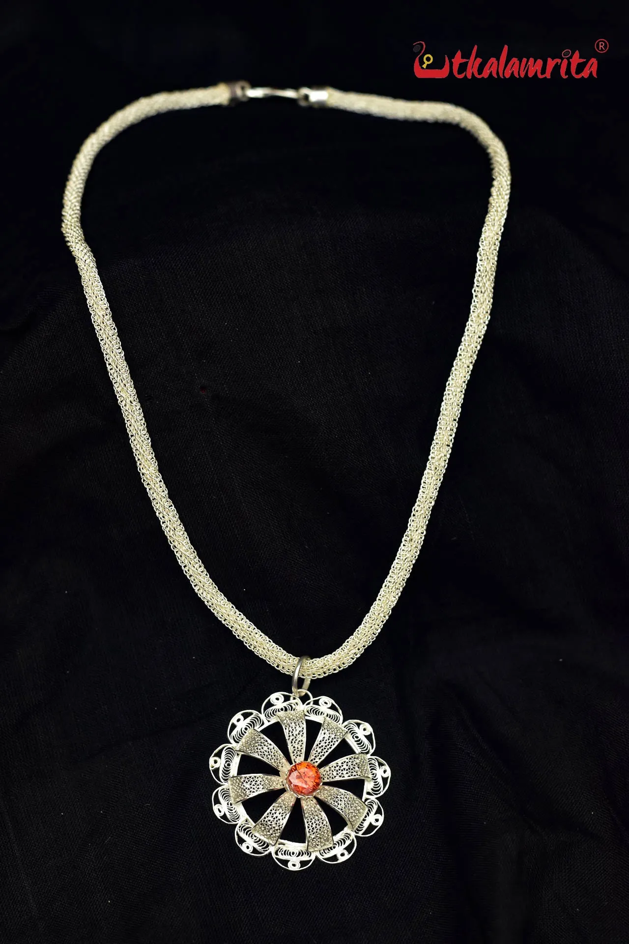 Silver Jala Necklace with Flower Pendant