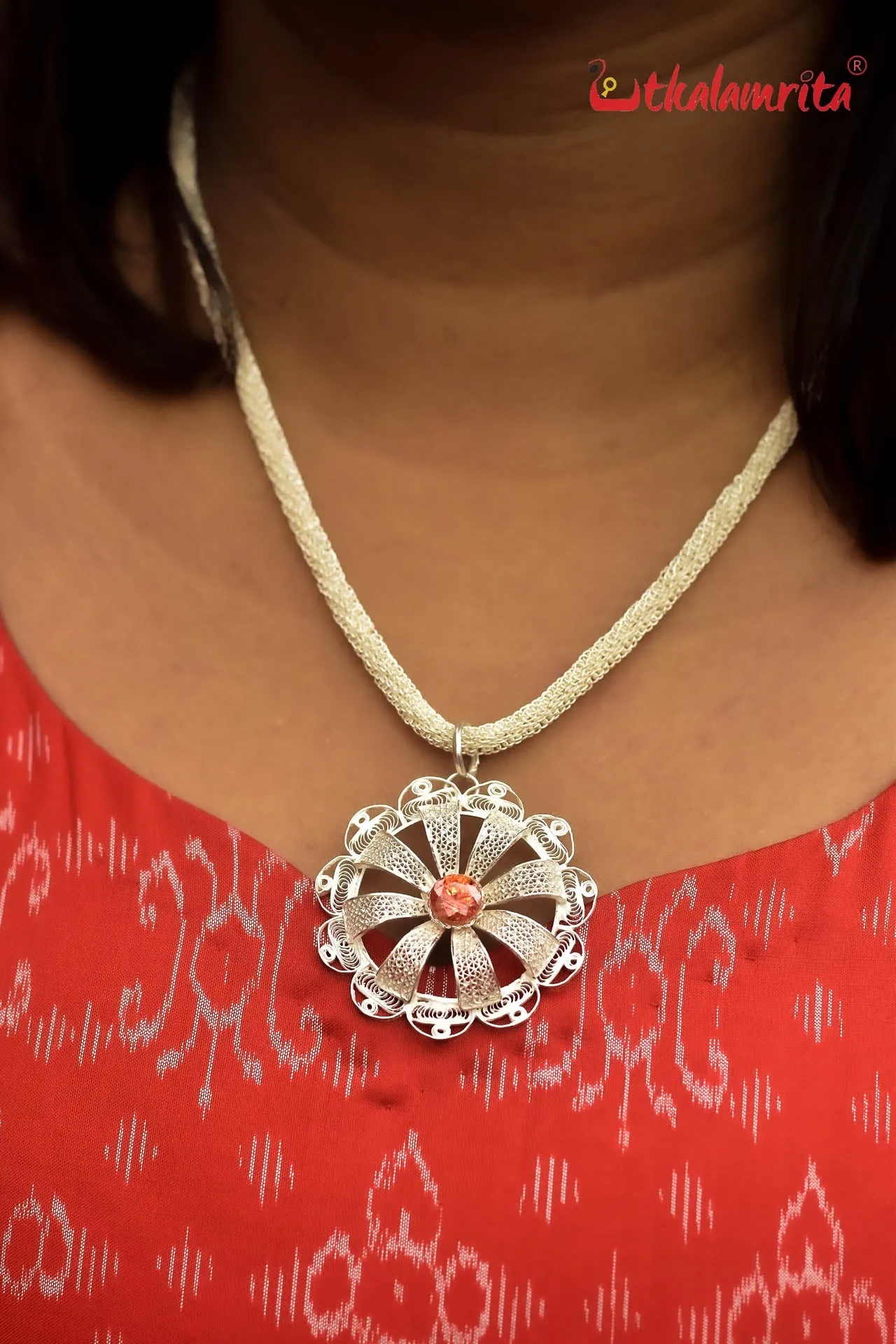 Silver Jala Necklace with Flower Pendant