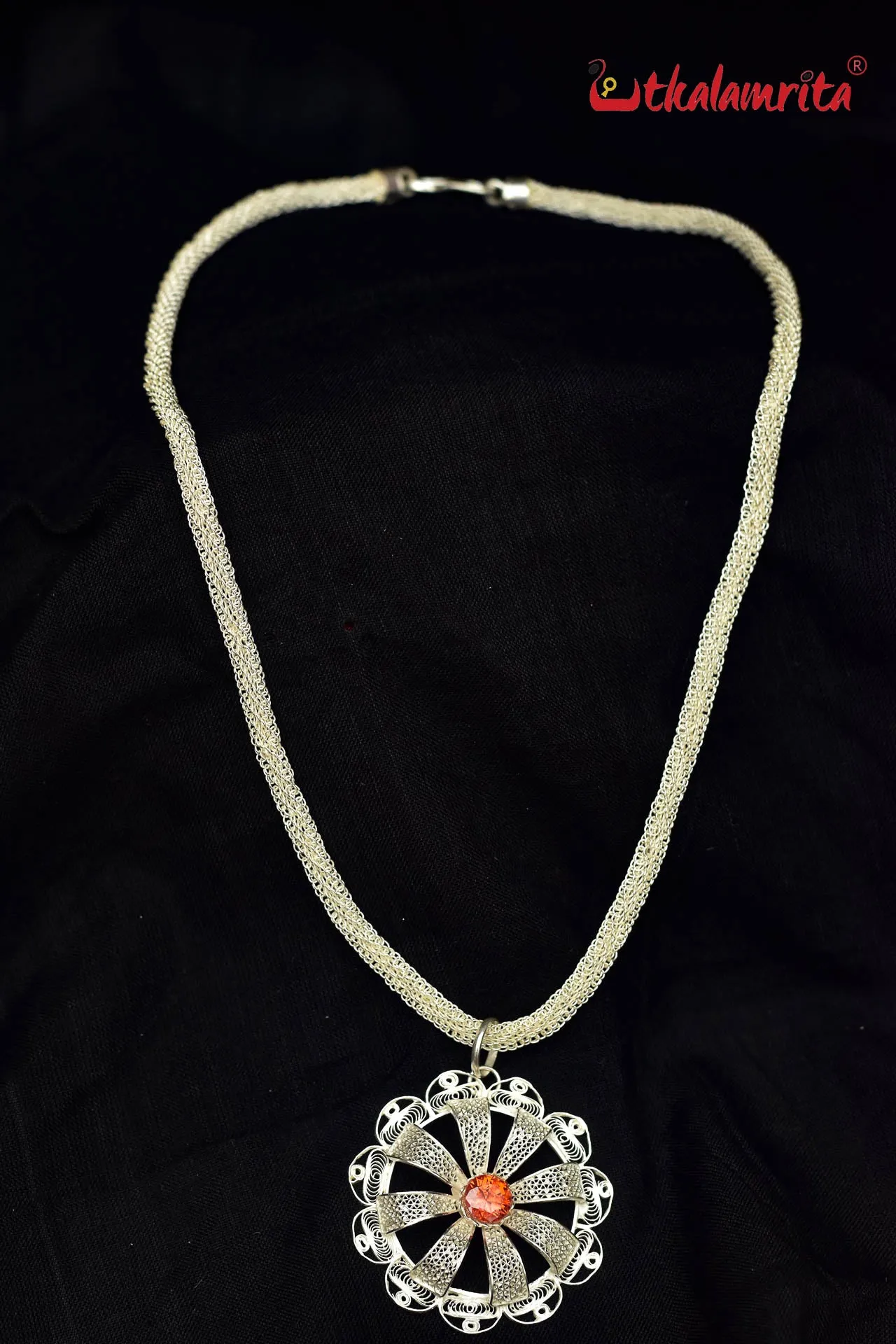 Silver Jala Necklace with Flower Pendant