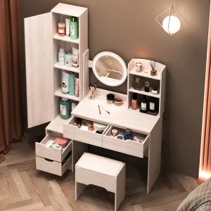 Simple Stylish Vanity Table and Vanity Stool with Dressing Mirror Cabinet (L55.2"x W15.7" x H63")