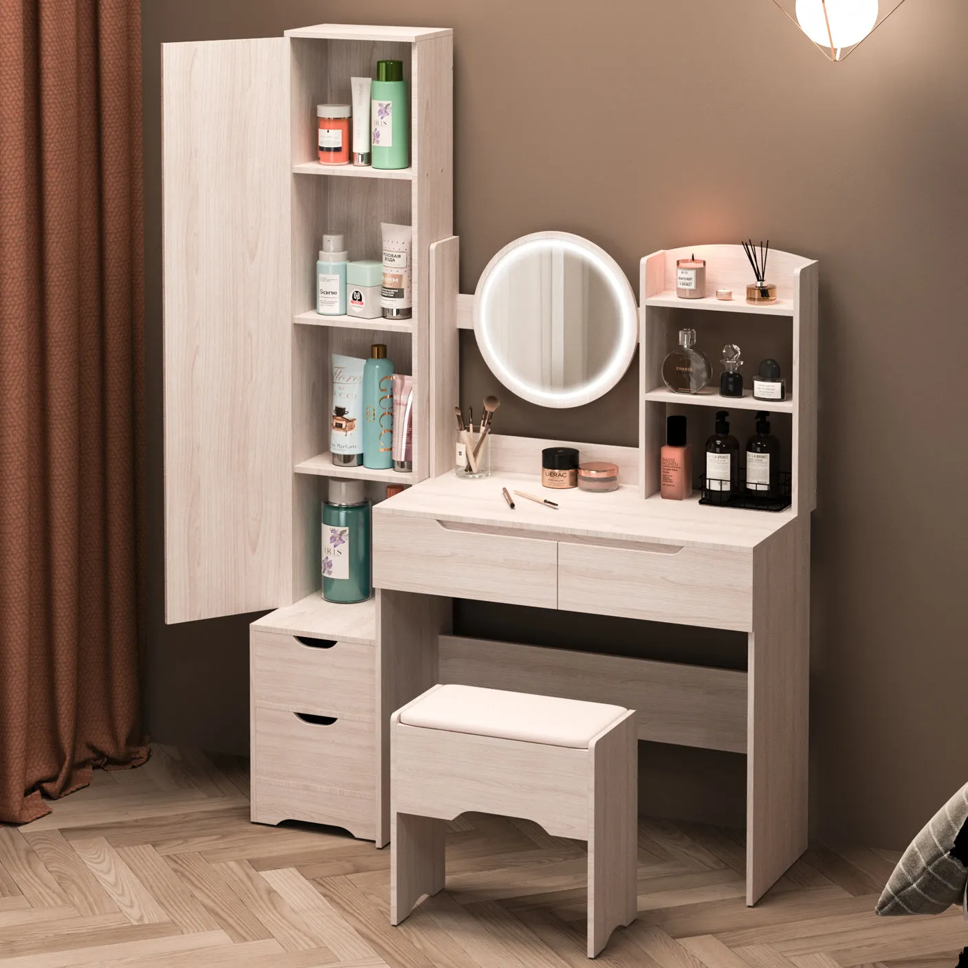 Simple Stylish Vanity Table and Vanity Stool with Dressing Mirror Cabinet (L55.2"x W15.7" x H63")