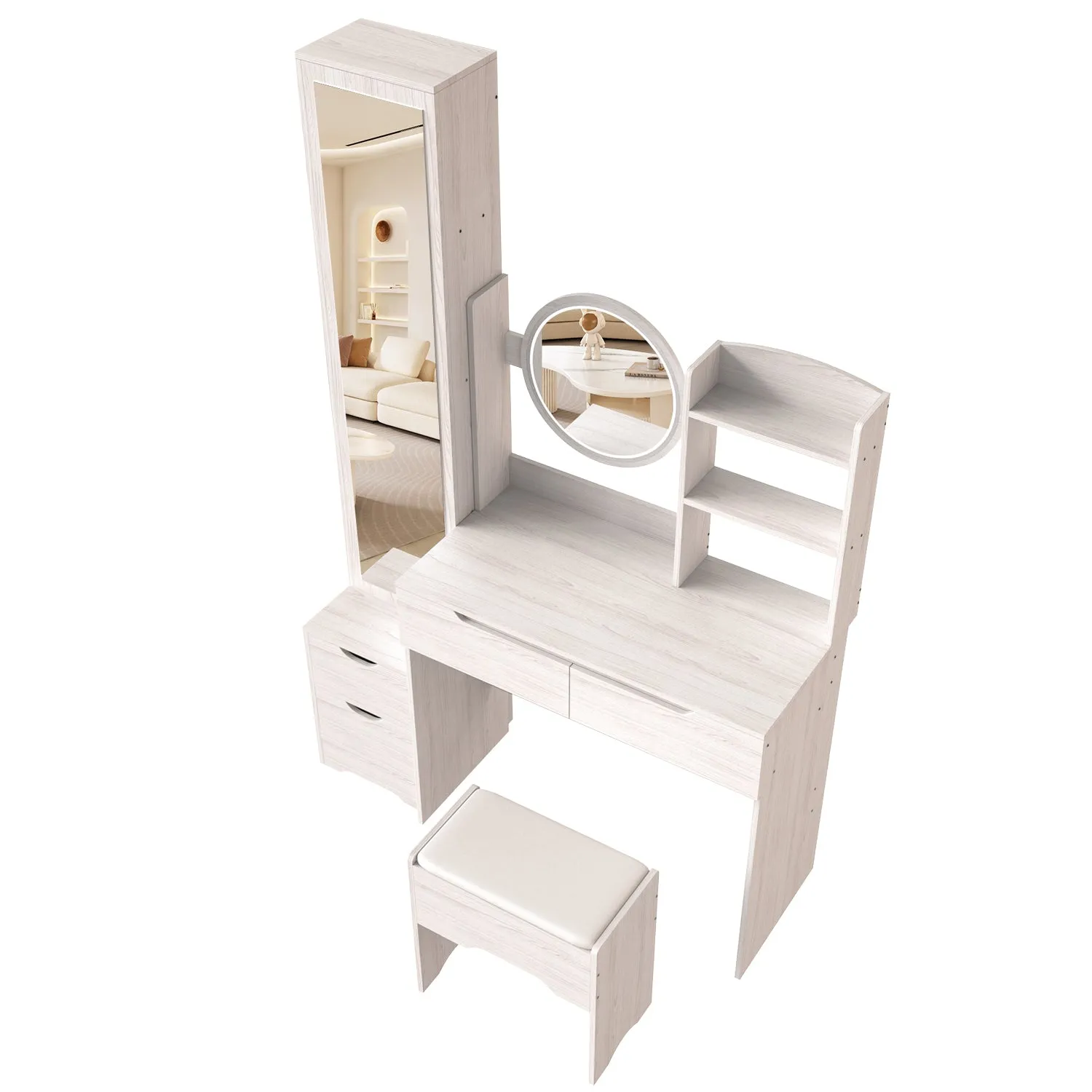 Simple Stylish Vanity Table and Vanity Stool with Dressing Mirror Cabinet (L55.2"x W15.7" x H63")