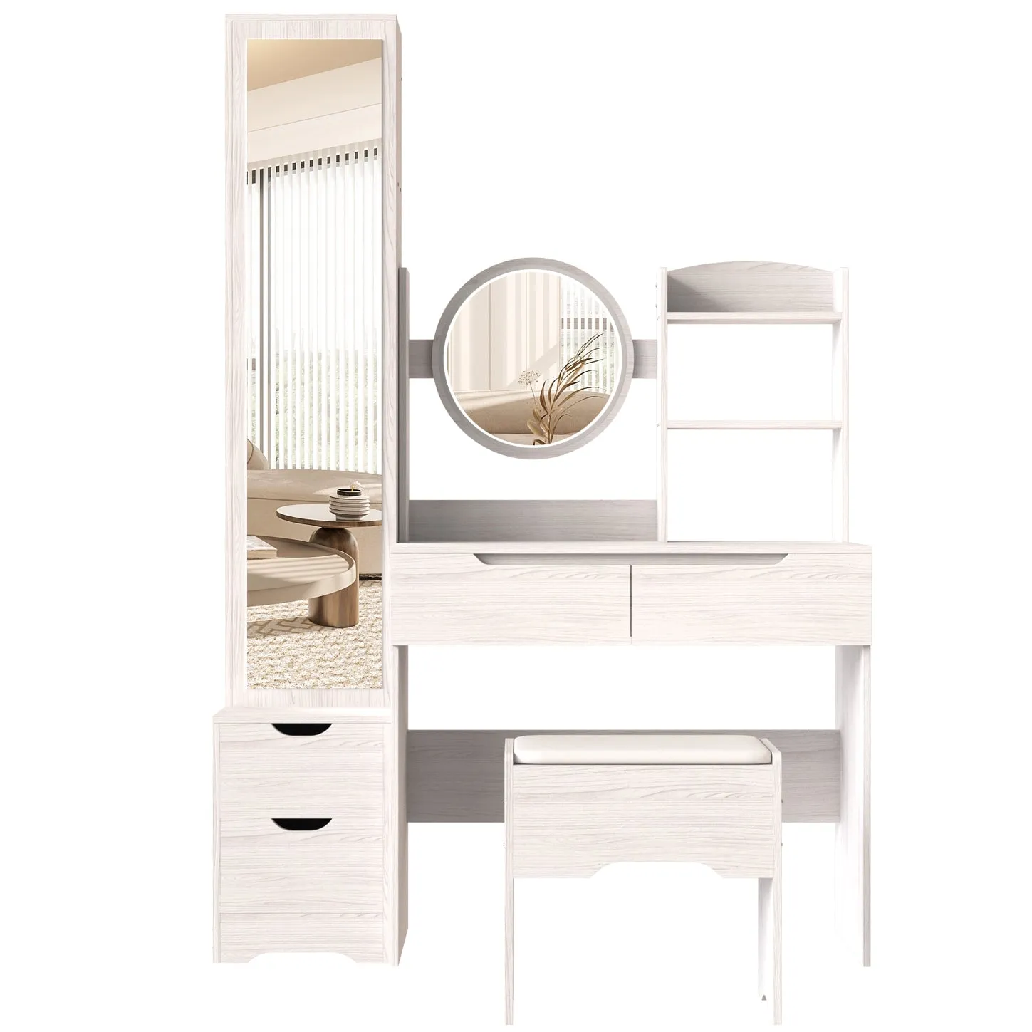 Simple Stylish Vanity Table and Vanity Stool with Dressing Mirror Cabinet (L55.2"x W15.7" x H63")