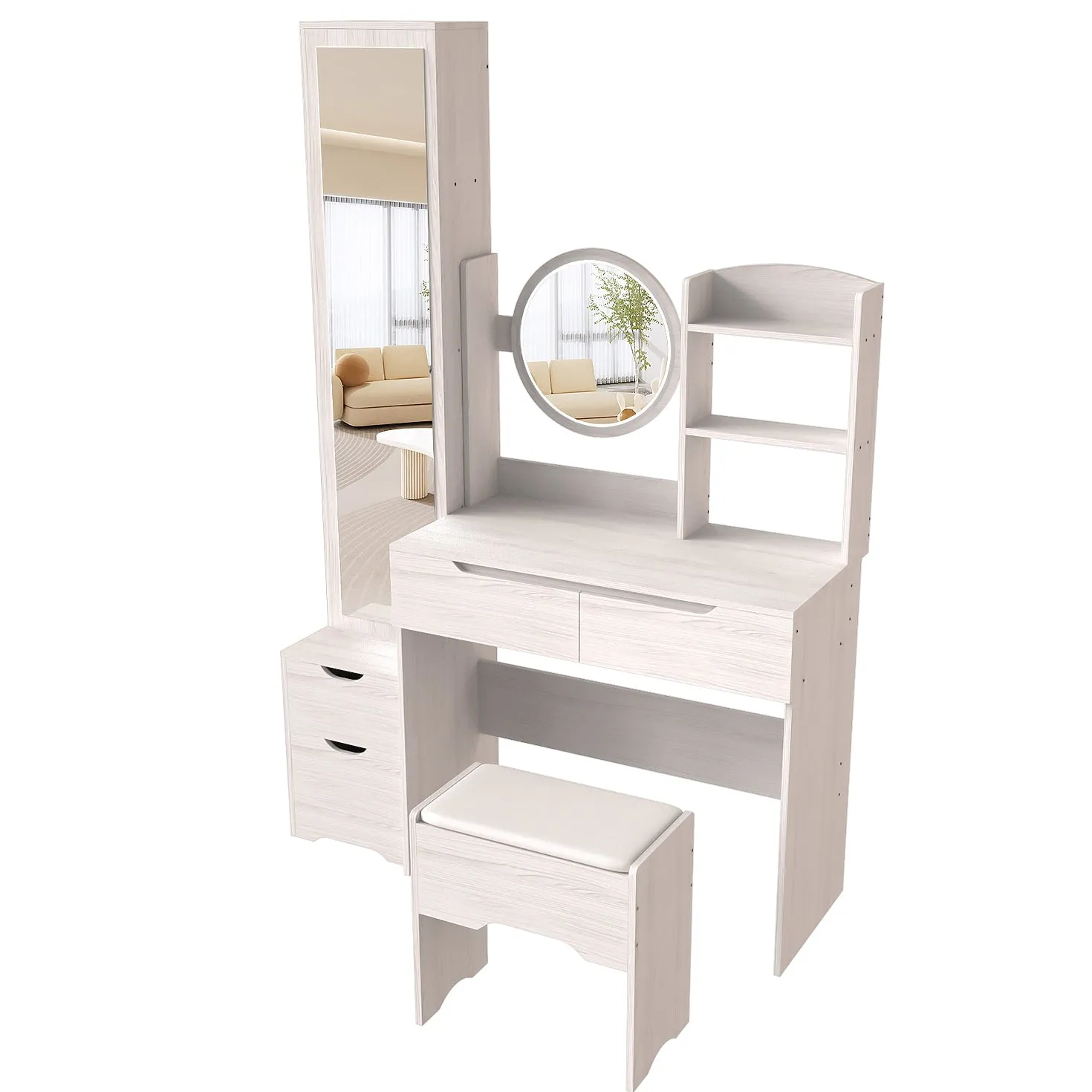 Simple Stylish Vanity Table and Vanity Stool with Dressing Mirror Cabinet (L55.2"x W15.7" x H63")