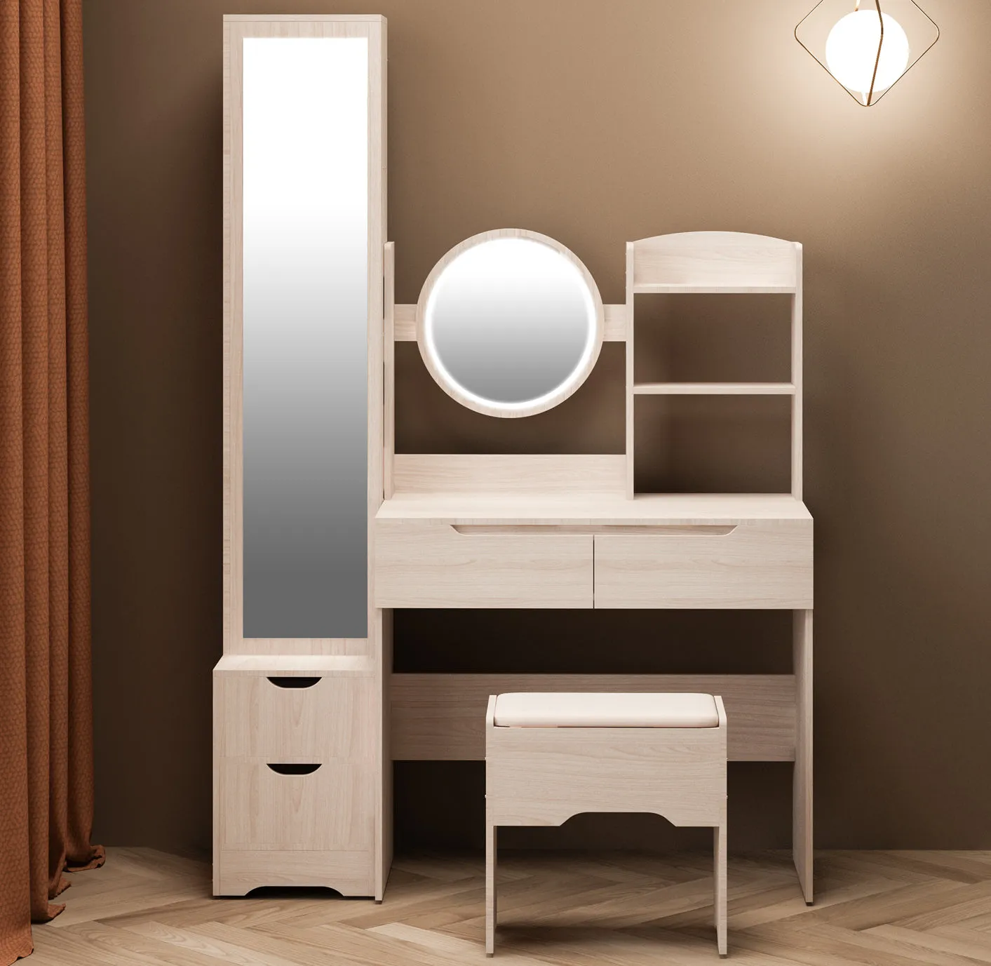 Simple Stylish Vanity Table and Vanity Stool with Dressing Mirror Cabinet (L55.2"x W15.7" x H63")