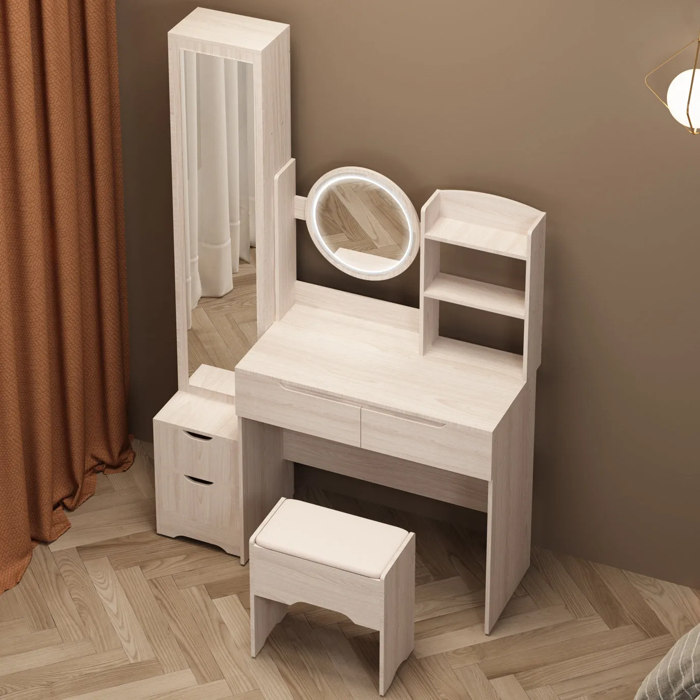 Simple Stylish Vanity Table and Vanity Stool with Dressing Mirror Cabinet (L55.2"x W15.7" x H63")