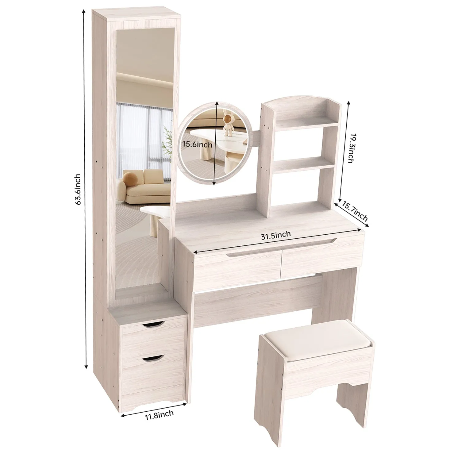 Simple Stylish Vanity Table and Vanity Stool with Dressing Mirror Cabinet (L55.2"x W15.7" x H63")