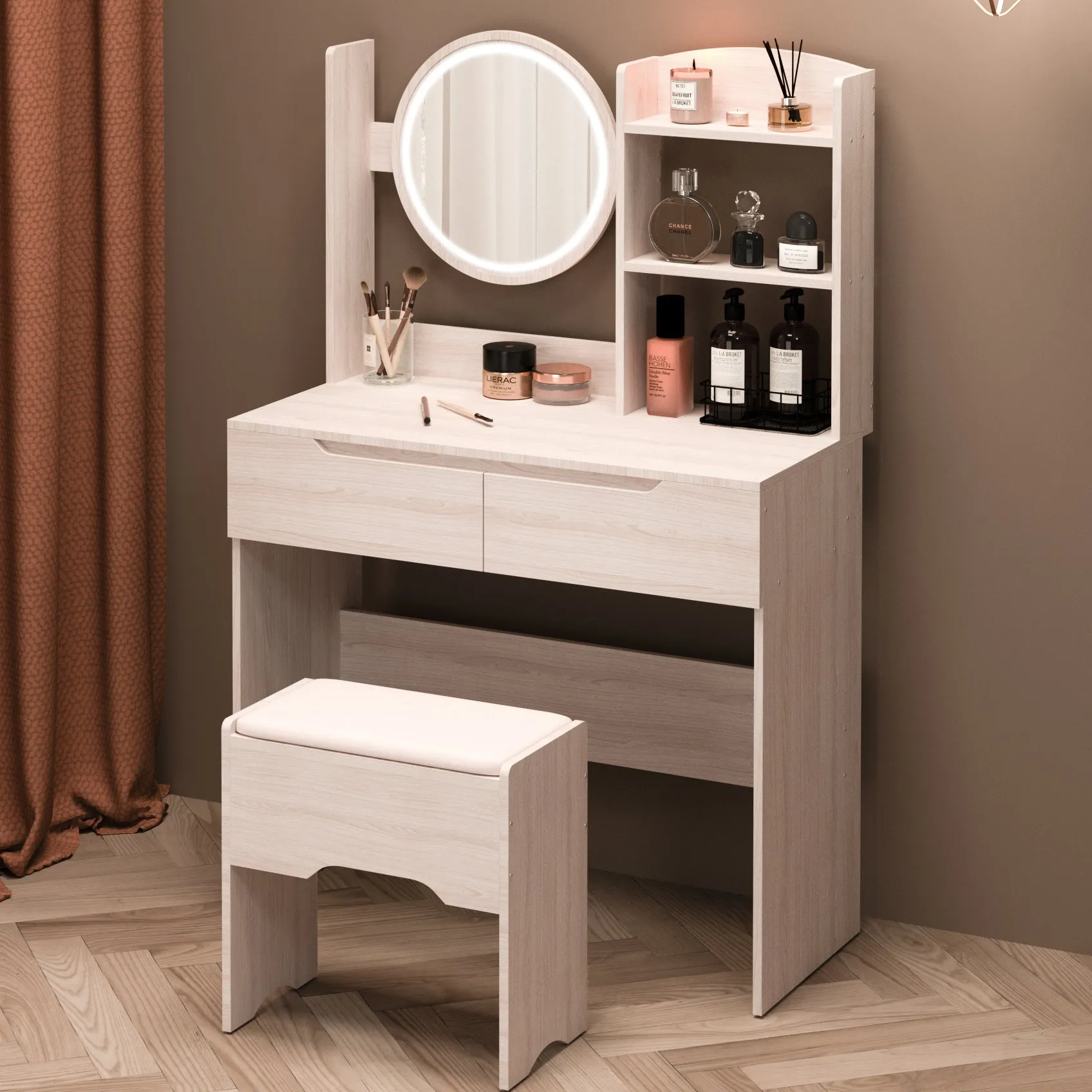 Simple Stylish Vanity Table Set With Vanity Stool, Touch Control LED Mirror, Multi Layer Large Capacity Storage. (L31.5"x W15.7" x H47.8")