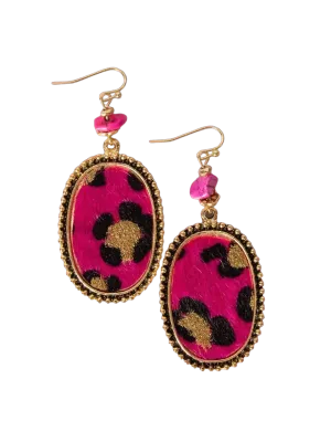 Southern Grace Women's Leopard Fuchsia Furry Stone Oval Earrings