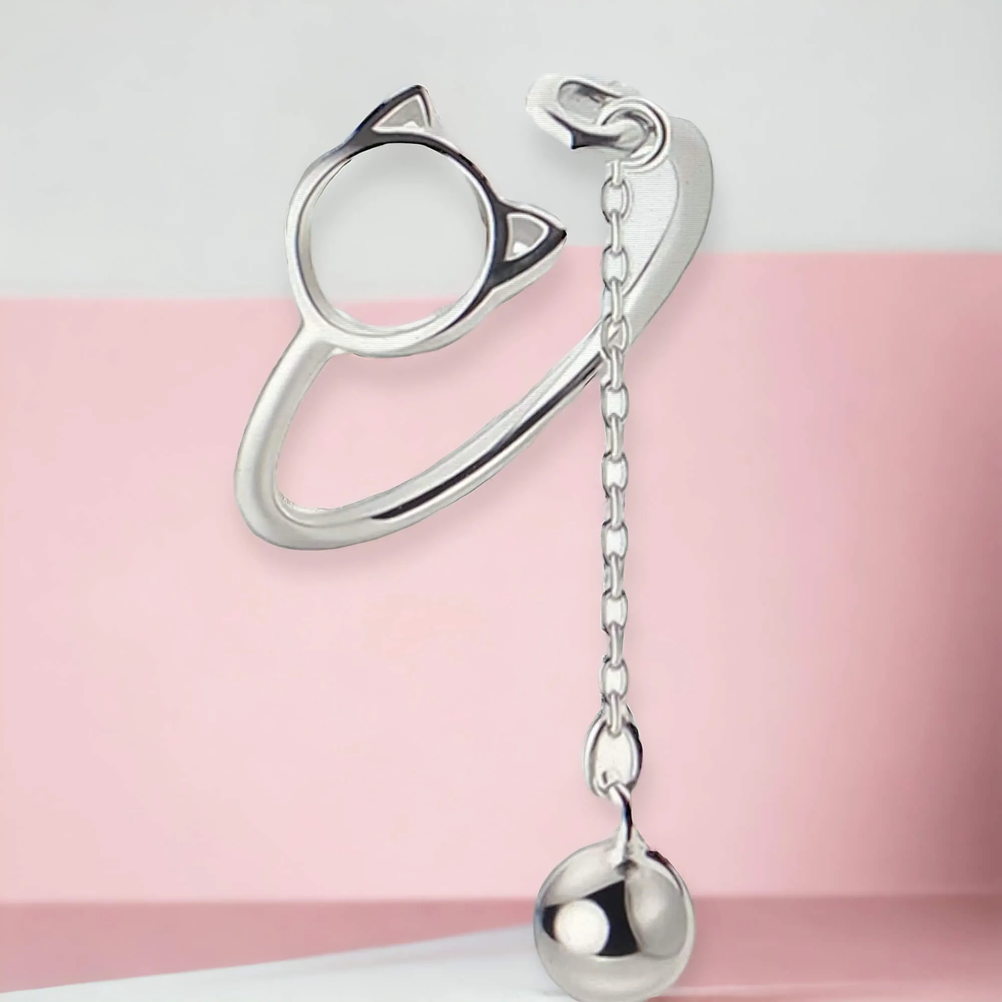 Sterling Silver Cat Chasing Ball Charm Ring