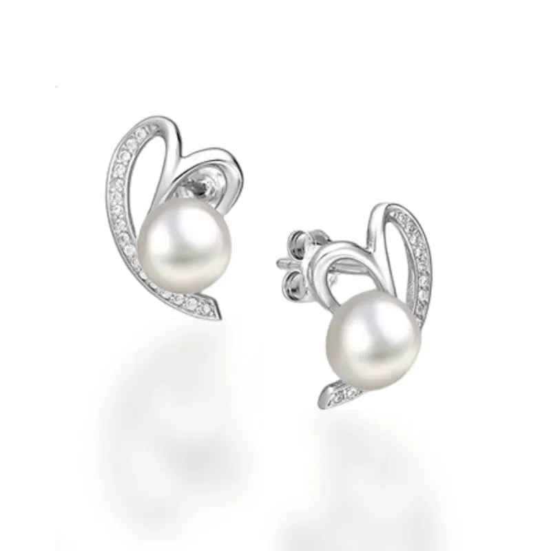 Sterling Silver Freshwater Pearl & CZ Heart Earrings