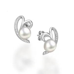 Sterling Silver Freshwater Pearl & CZ Heart Earrings