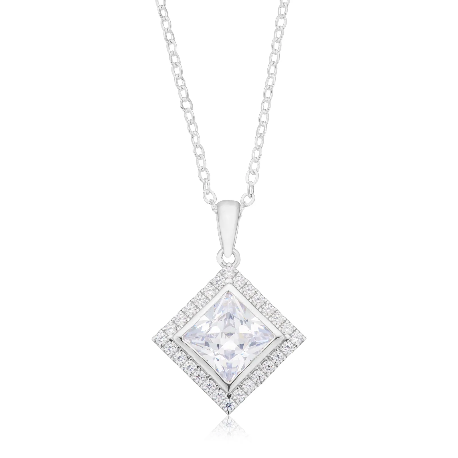 Sterling Silver Princess & Round Cut White Cubic Zirconia Pendant