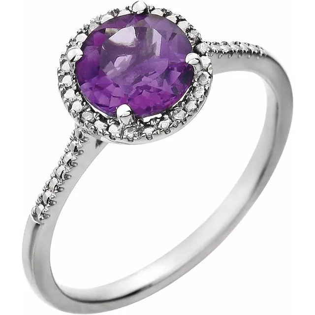 Sterling Silver Round Gemstone & .01 CTW Diamond Halo-Style Rings