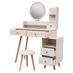 Stylish Vanity Table with Cushioned Stool, Touch Control LED Mirror, Large Capacity Storage Cabinet, 5 Drawers, Length Adjustable (L31.5"-43.2"x W15.8" x H48.1")