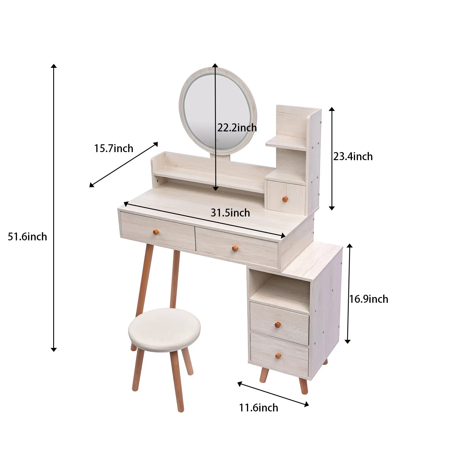 Stylish Vanity Table with Cushioned Stool, Touch Control LED Mirror, Large Capacity Storage Cabinet, 5 Drawers, Length Adjustable (L31.5"-43.2"x W15.8" x H48.1")