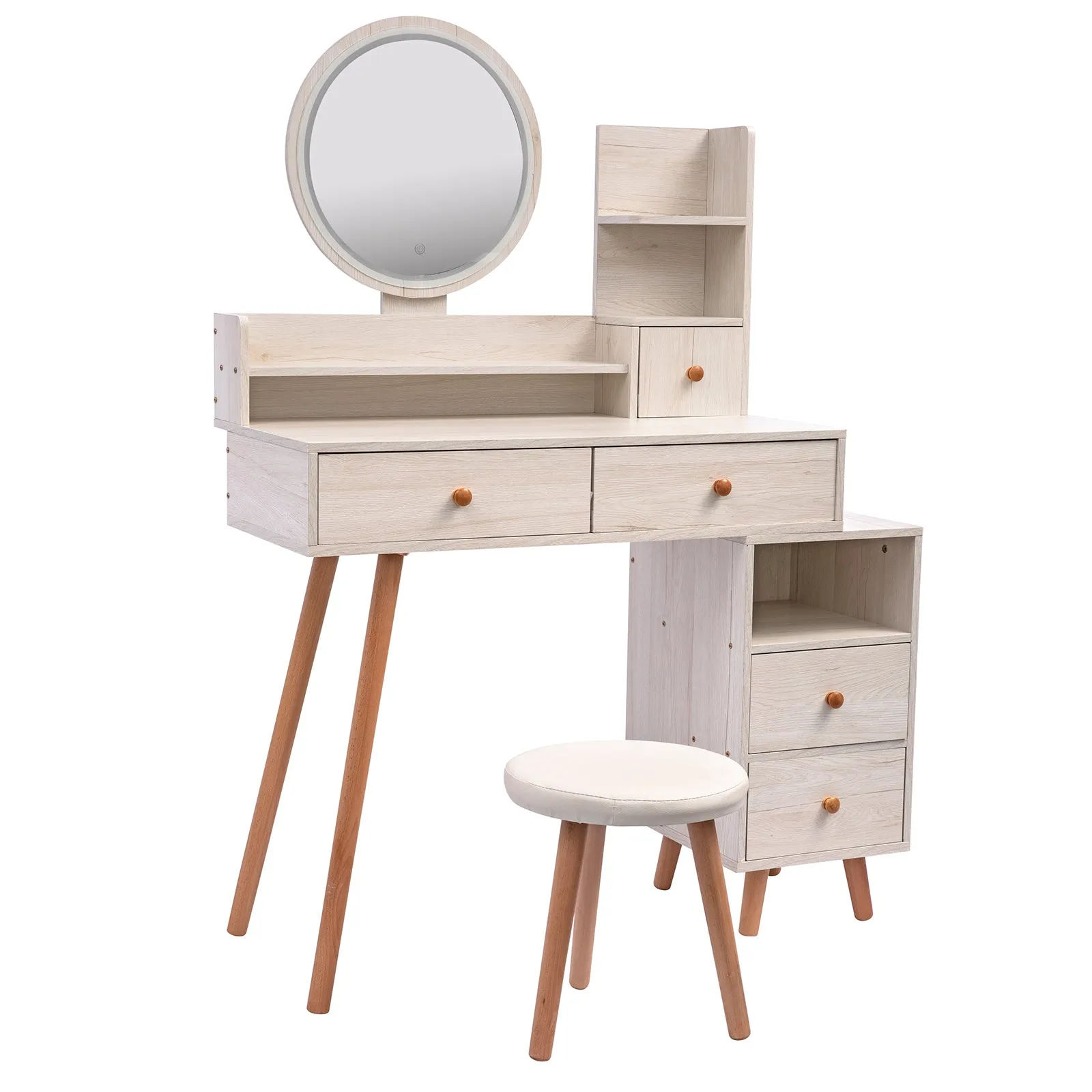 Stylish Vanity Table with Cushioned Stool, Touch Control LED Mirror, Large Capacity Storage Cabinet, 5 Drawers, Length Adjustable (L31.5"-43.2"x W15.8" x H48.1")