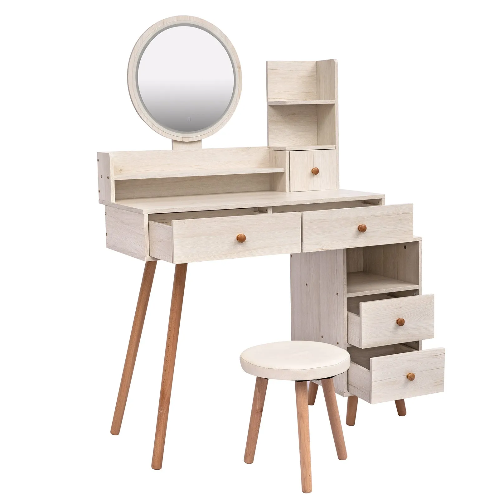 Stylish Vanity Table with Cushioned Stool, Touch Control LED Mirror, Large Capacity Storage Cabinet, 5 Drawers, Length Adjustable (L31.5"-43.2"x W15.8" x H48.1")