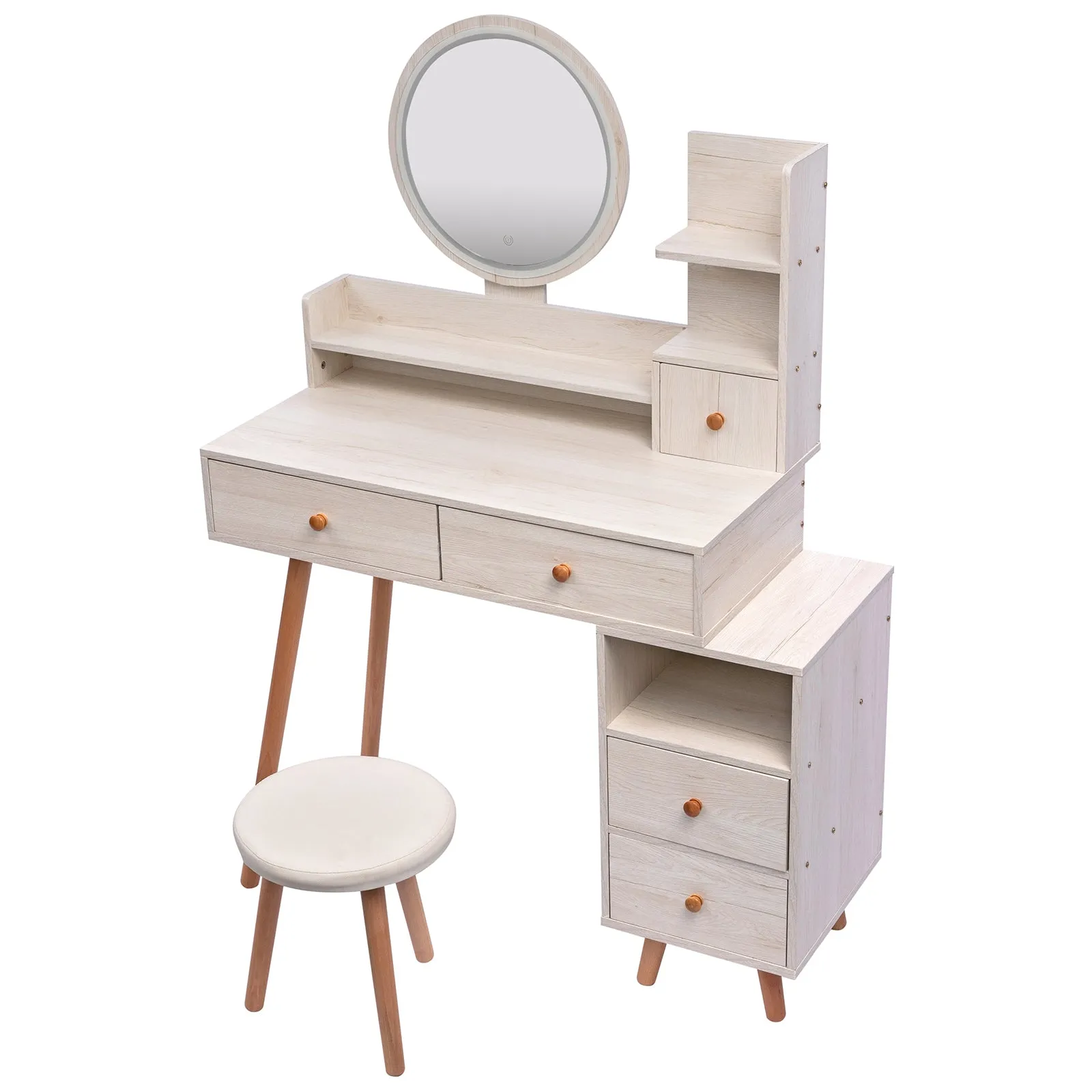 Stylish Vanity Table with Cushioned Stool, Touch Control LED Mirror, Large Capacity Storage Cabinet, 5 Drawers, Length Adjustable (L31.5"-43.2"x W15.8" x H48.1")