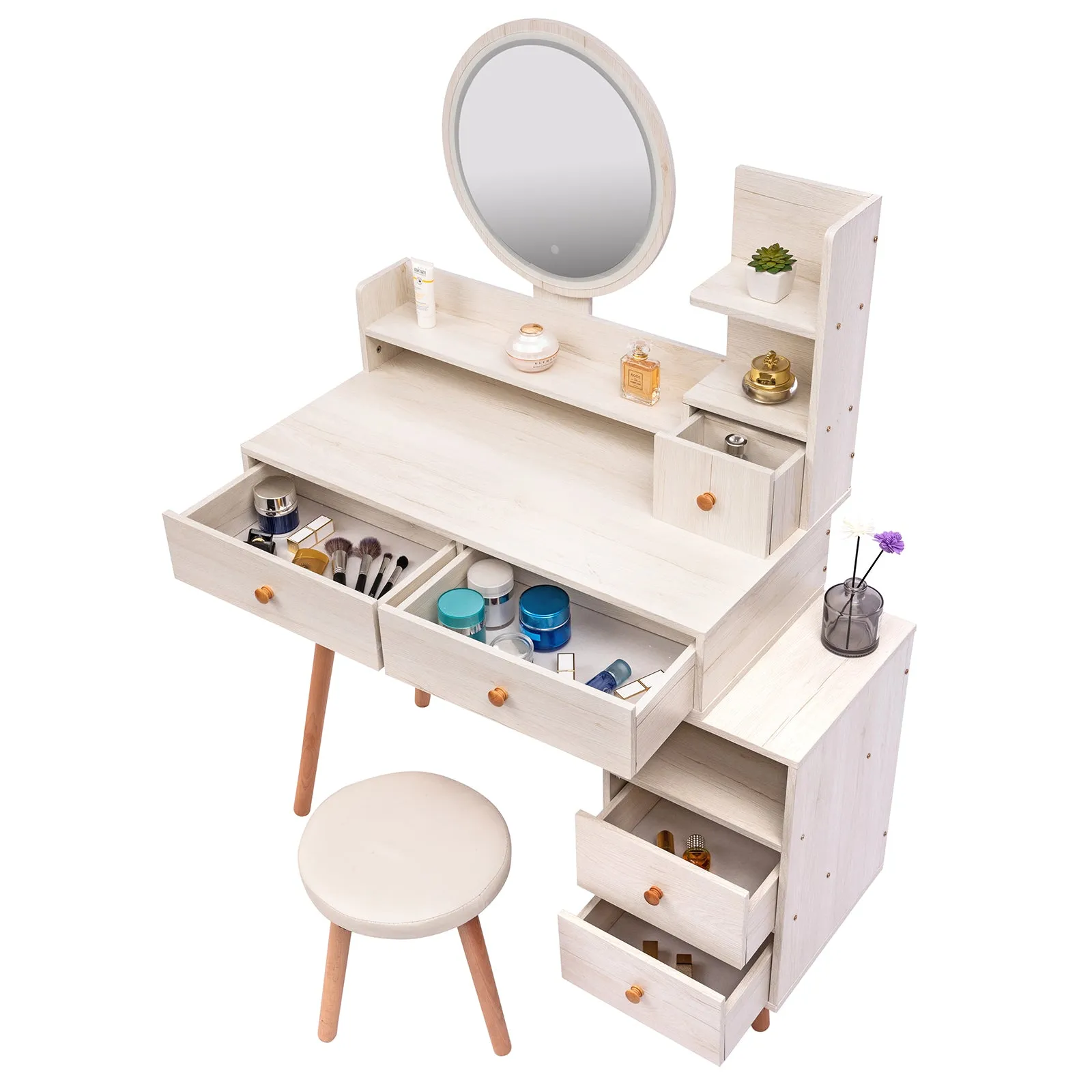 Stylish Vanity Table with Cushioned Stool, Touch Control LED Mirror, Large Capacity Storage Cabinet, 5 Drawers, Length Adjustable (L31.5"-43.2"x W15.8" x H48.1")