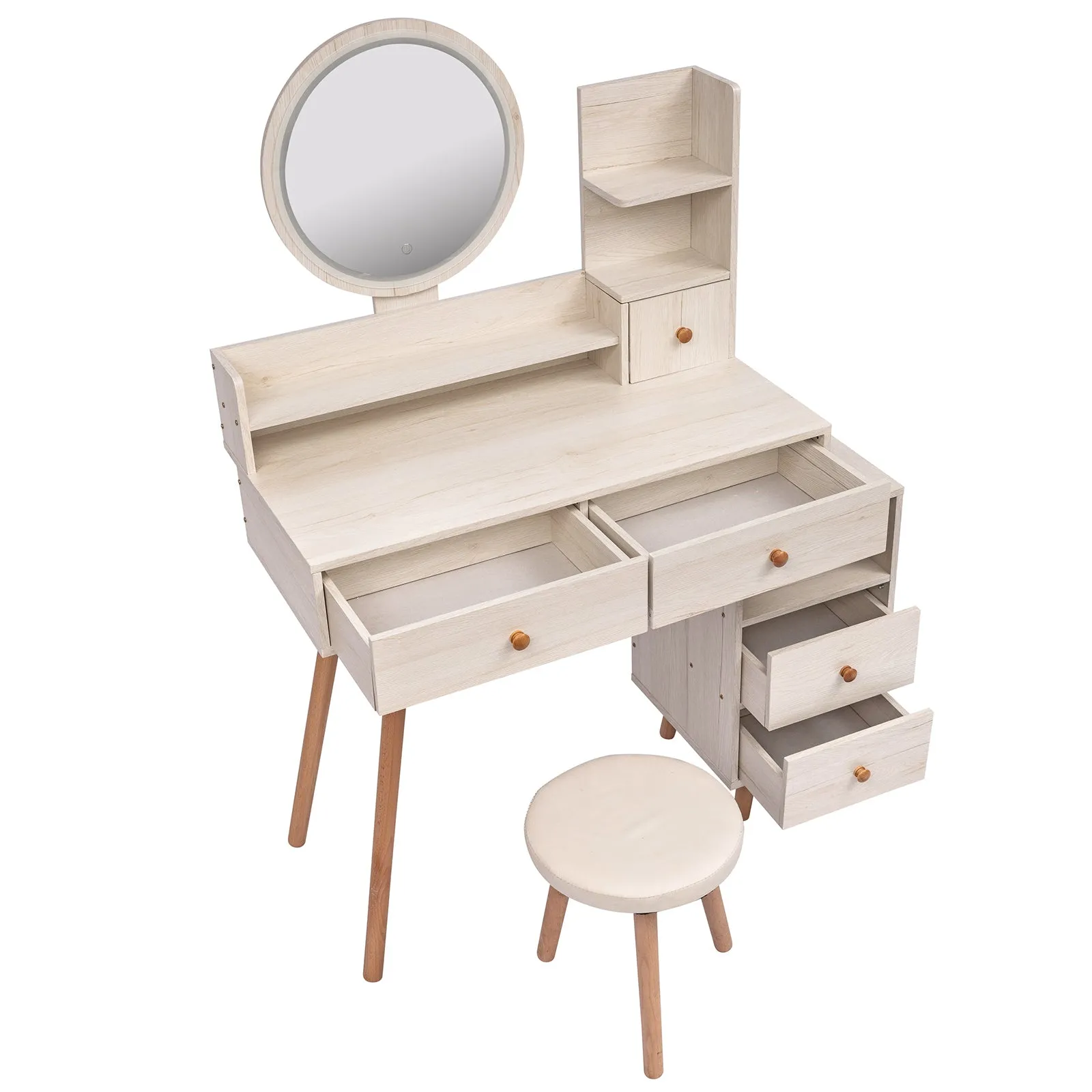 Stylish Vanity Table with Cushioned Stool, Touch Control LED Mirror, Large Capacity Storage Cabinet, 5 Drawers, Length Adjustable (L31.5"-43.2"x W15.8" x H48.1")