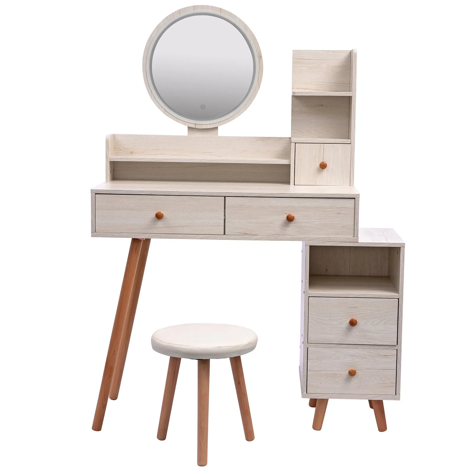 Stylish Vanity Table with Cushioned Stool, Touch Control LED Mirror, Large Capacity Storage Cabinet, 5 Drawers, Length Adjustable (L31.5"-43.2"x W15.8" x H48.1")