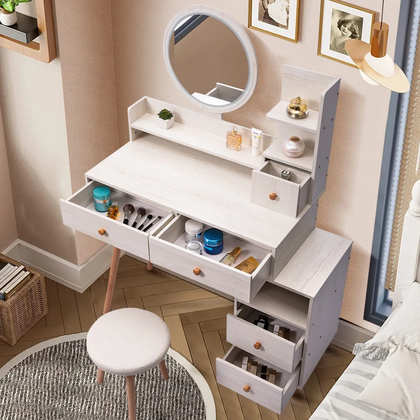 Stylish Vanity Table with Cushioned Stool, Touch Control LED Mirror, Large Capacity Storage Cabinet, 5 Drawers, Length Adjustable (L31.5"-43.2"x W15.8" x H48.1")