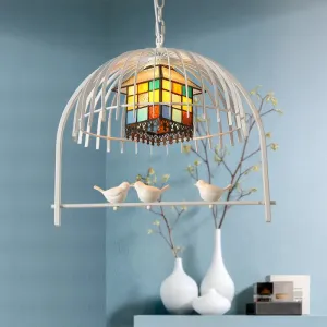 Tiffany Style White Bird Cage Pendant Light with Stainless Glass Ceiling Lamp