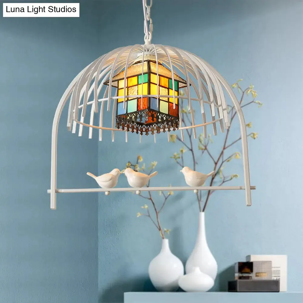 Tiffany Style White Bird Cage Pendant Light with Stainless Glass Ceiling Lamp