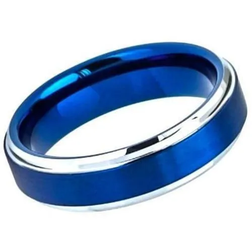 Tungsten Carbide Ring With Blue IP Brushed Center High Polish Stepped Edges - 6mm