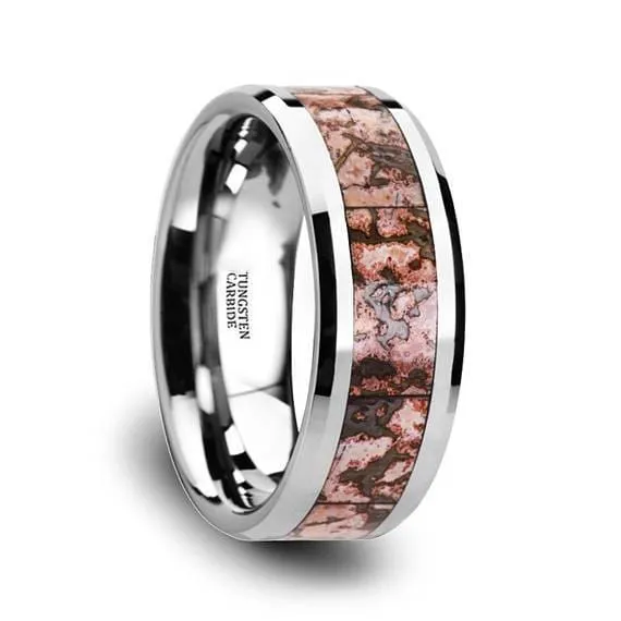 Tungsten Dinosaur Bone Wedding Ring Pink Dinosaur Bone Inlay Beveled Edges 4mm & 8mm