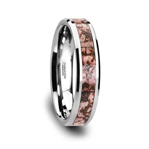 Tungsten Dinosaur Bone Wedding Ring Pink Dinosaur Bone Inlay Beveled Edges 4mm & 8mm