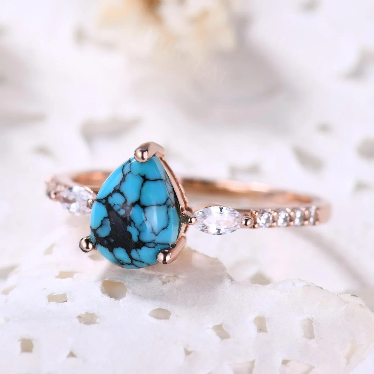 Turquoise Rose Gold Engagement Ring Art Deco Promise Ring Gift For Her