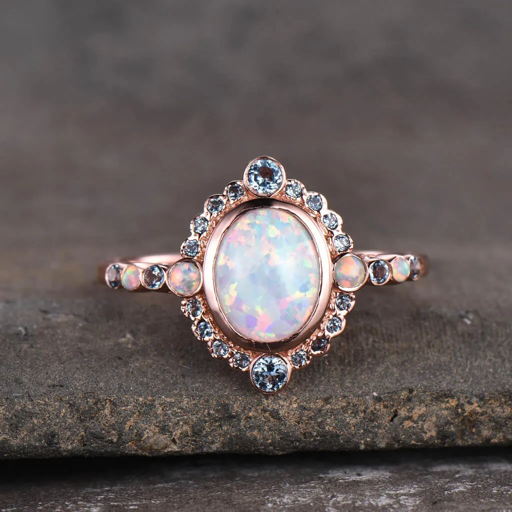 Unique Opal And London Blue Topaz Engagement Ring Rose Gold