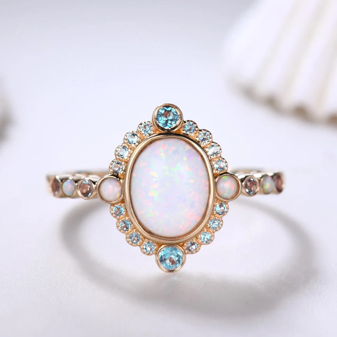 Unique Opal And London Blue Topaz Engagement Ring Rose Gold